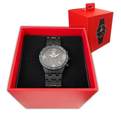 Relógio masculino preto em caixa vermelha com embalagem