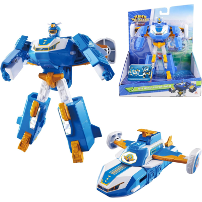 Figura de ação robô azul, branca e laranja transformável em avião com embalagem