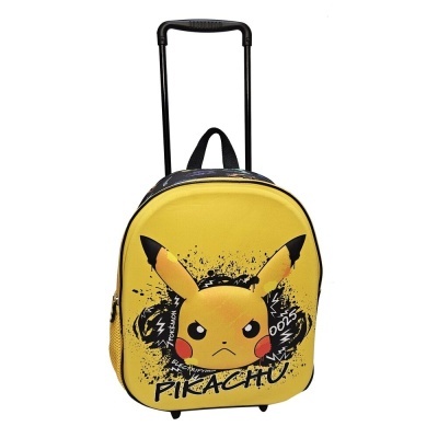 Mochila escolar amarela com personagem Pikachu e puxador extensível