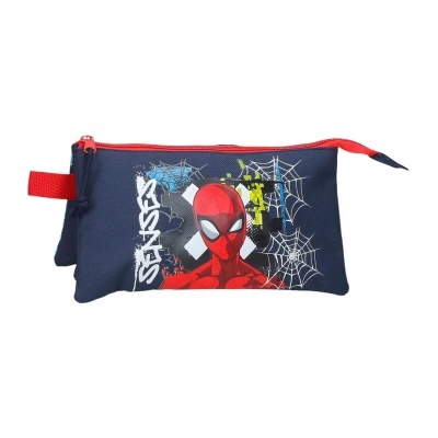 Estojo azul-escuro com fecho vermelho e imagem do Homem-Aranha