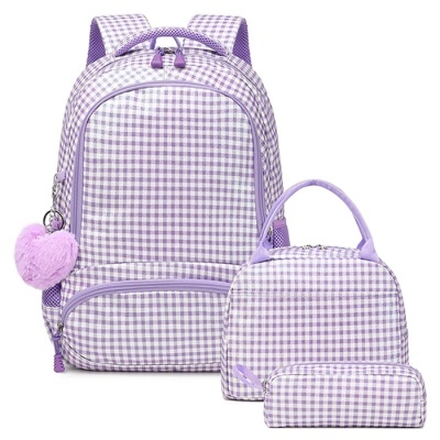 Conjunto de mochila, bolsa de mão e estojo lilás xadrez com pendente de pelúcia