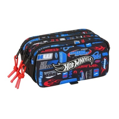 Estojo escolar Hot Wheels preto com estampas coloridas e três compartimentos