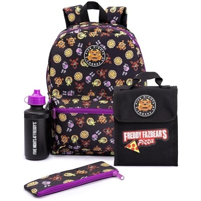 Conjunto preto com padrão colorido de personagens e alimentos, mochila, estojo, garrafa e bolsa térmica Freddy Fazbear's Pizza