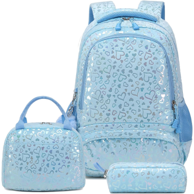 Conjunto azul de mochila, lancheira e estojo com padrão de corações holográficos