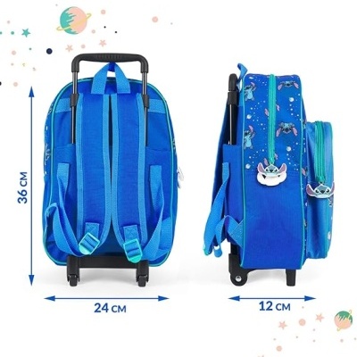 Mochila de rodas azul com personagem de desenho animado e estrelas