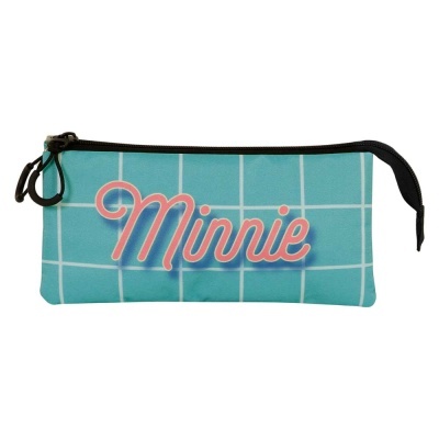 Necessaire azul claro com padrão quadriculado branco e texto Minnie em rosa