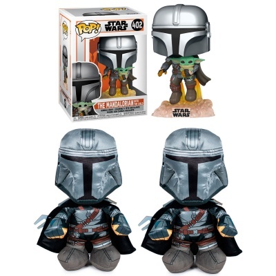 Figuras de colecção Pop! Star Wars Mandalorian e Baby Yoda em vinil e pelúcia, com caixa original.