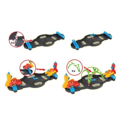 Brinquedo com base preta, aviões vermelho e amarelo, suportes azuis e arco verde para montagem