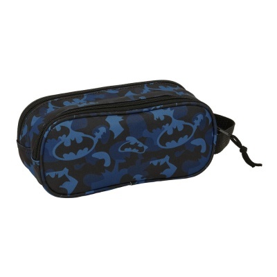 Bolsa azul e preta com padrão de morcegos e zíper