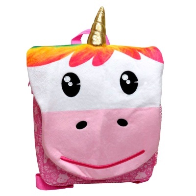 Mochila infantil rosa com estampa de unicórnio e chifre dourado