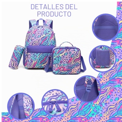 Conjunto colorido de mochila, estojo e bolsa térmica com padrão animal e detalhes roxos