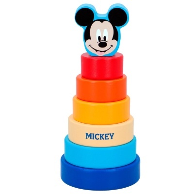 Brinquedo empilhável de madeira das cores azul, amarelo, laranja e vermelho com cabeça do Mickey Mouse no topo.