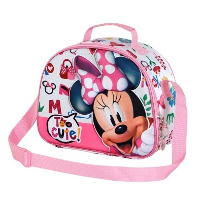 Mala infantil rosa com imagem da Minnie Mouse e texto 'Too cute!'