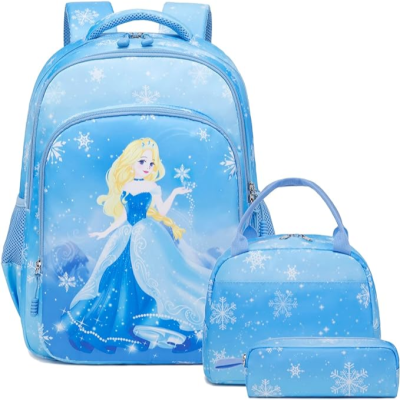Conjunto azul mochila lancheira e estojo com princesa e flocos de neve
