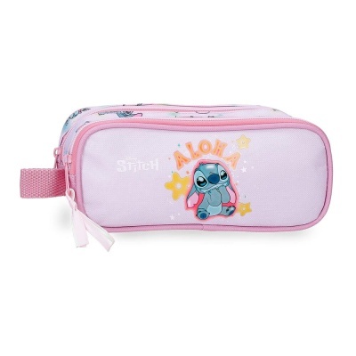 Estojo escolar rosa com personagem Stitch e texto ALOHA