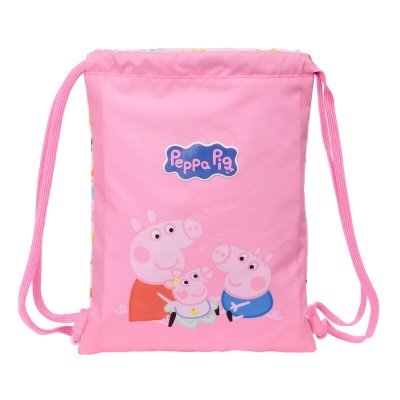 Mochila saco rosa com personagens da Peppa Pig e logótipo