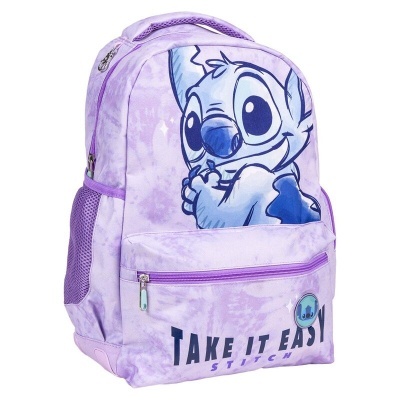 Mochila lilás com imagem do Stitch e texto 'TAKE IT EASY STITCH'