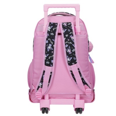 Mochila escolar de rodinhas cor-de-rosa com alças acolchoadas pretas com padrão