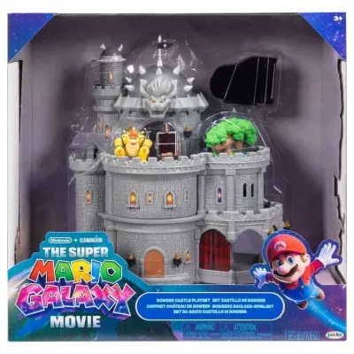 Castelo de brinquedo The Super Mario Galaxy, figura de Bowser e embalagem com texto e imagem do Mario.