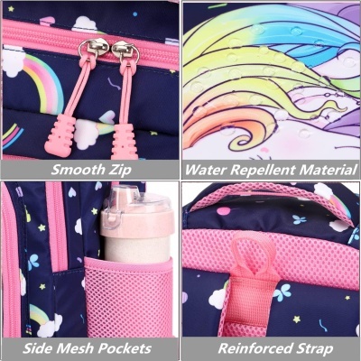 Detalhes de mochila colorida com arco-íris, zíper rosa, bolsos de malha e alças reforçadas.