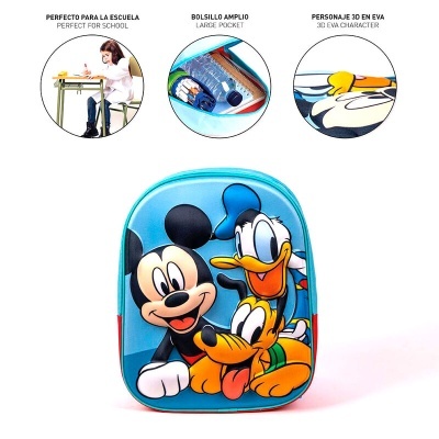 Mochila escolar azul com personagens 3D do Mickey, Pato Donald e Pluto