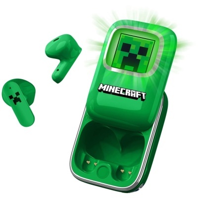 Auriculares wireless verdes com design Minecraft e caixa de carregamento