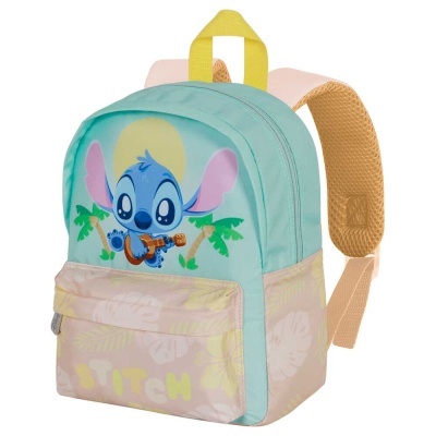 Mochila azul e bege com desenho de Stitch e texto STITCH