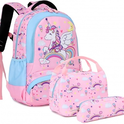 Conjunto de mochila, lancheira e estojo cor-de-rosa com padrão de unicórnios e arco-íris