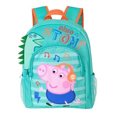 Mochila infantil azul turquesa com estampa de porco e dinossauro