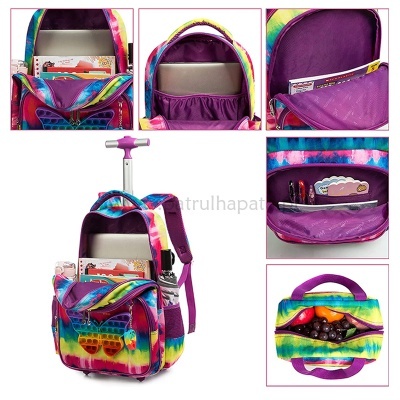 Mochila colorida tie dye com carrinho e textura pop it na frente