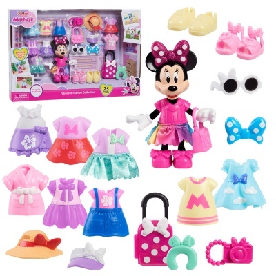 Conjunto de brinquedo Minnie com vários vestidos, acessórios e mala de viagem rosa