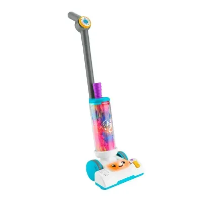 aspirador de brinquedo colorido Fisher Price com penas coloridas no interior