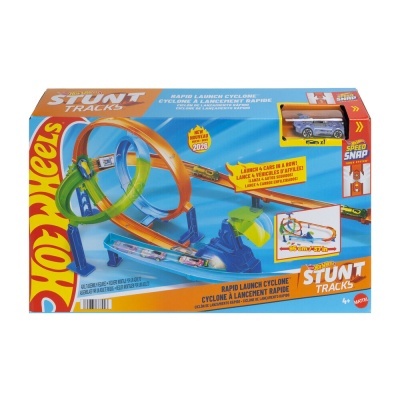 Caixa de jogo Hot Wheels Stunt Tracks Rapid Launch Cyclone com pistas coloridas e carro de brinquedo prateado