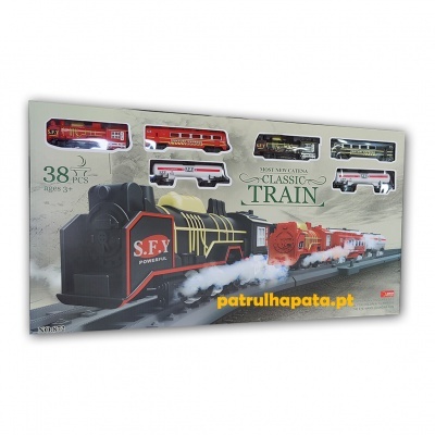 Conjunto de comboio clássico com locomotiva vermelha e preta e carruagens coloridas em caixa