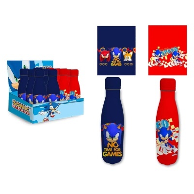 Garrafa térmica azul e vermelha com design do Sonic e frase, exibida em embalagem de exposição.