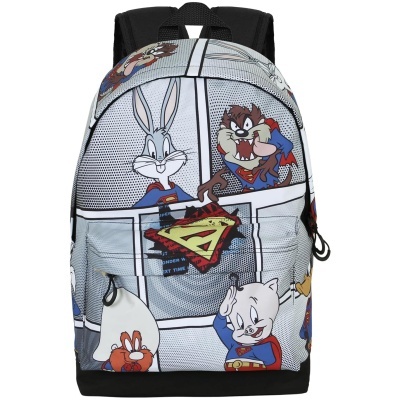 Mochila colorida com personagens de banda desenhada e fundo cinzento