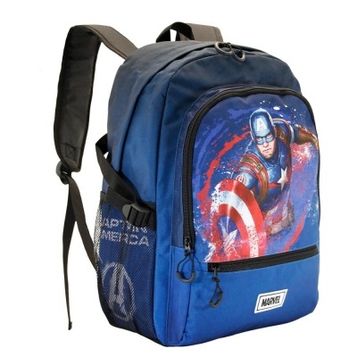 Mochila azul com imagem do Capitão América e escudo, detalhe Marvel e alças ajustáveis
