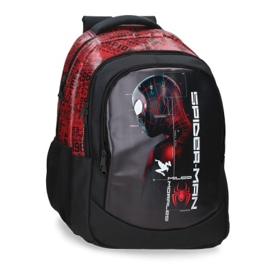 Mochila Spider-Man Miles Morales preta e vermelha com estampa do personagem e texto