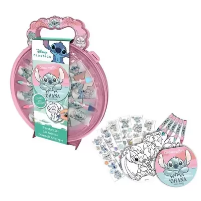 Conjunto de arte Disney 'OHANA' com artigos para colorir em caixa redonda rosa