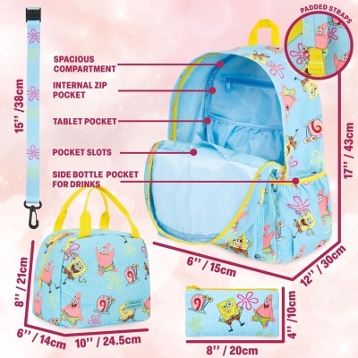 Mochila azul clara com desenhos de SpongeBob e amigos, bolsa e estojo combinando, vários compartimentos e alças acolchoadas.