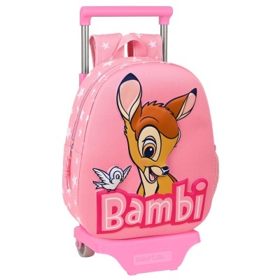 mala de rodinhas cor-de-rosa com desenho de cervo e texto Bambi