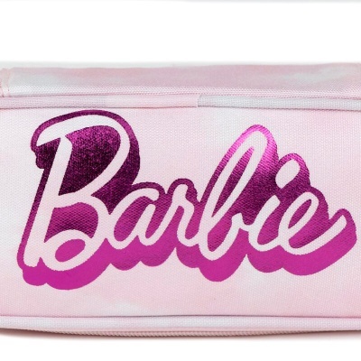 Bolsa rosa com logo Barbie em letras brilhantes cor de rosa