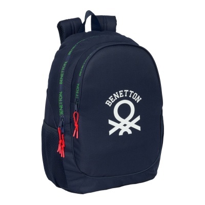 Mochila azul escuro Benetton com logo branco e puxadores vermelhos