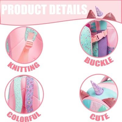 Detalhes de um produto rosa e verde-água com elemento unicórnio e texto em inglês