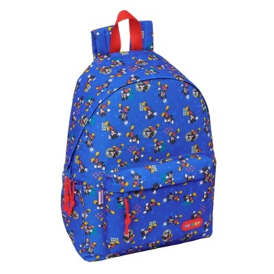Mochila azul com padrão de Mickey Mouse e detalhes vermelhos
