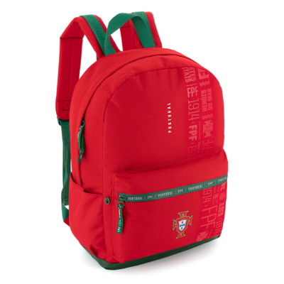 Mochila desportiva vermelha e verde com logo e texto Portugal