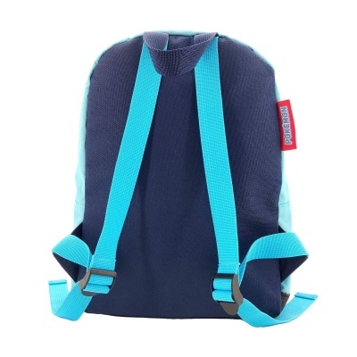 Mochila azul escura com alças turquesa e etiqueta vermelha POLLITOS