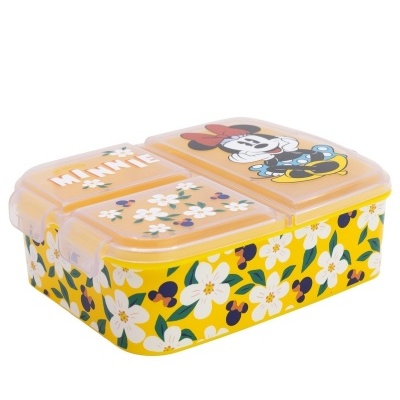 Caixa plástica amarela com decoração florida e Minnie Mouse