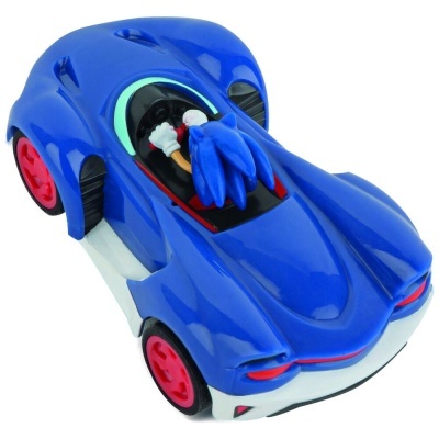 Carrinha de brinquedo azul com figura azul no interior