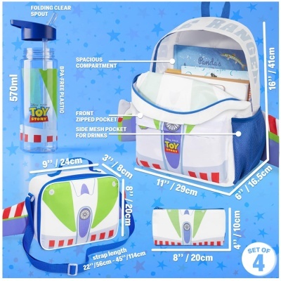 Conjunto Toy Story composto por garrafa, mochila, mala térmica e carteira com design Buzz Lightyear
